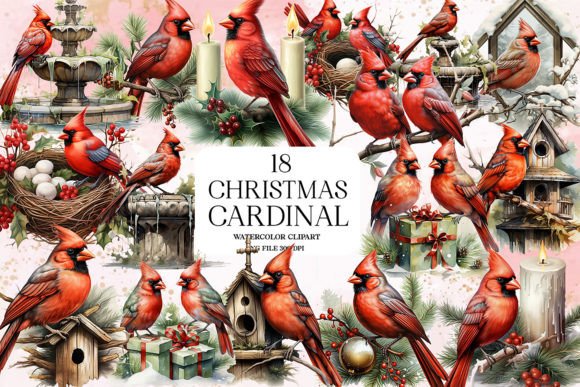 Christmas Cardinal Garden Clipart Bundle: Illustrations