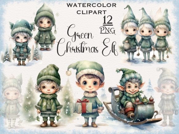 Green Christmas Elf Watercolor Clipart for Illustrations