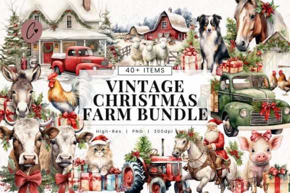 Vintage Christmas Farm Clipart: Editorial Illustrations