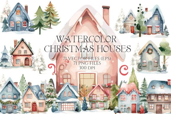 Watercolor Christmas Houses & Trees Illustrations