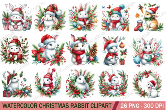 Watercolor Christmas Rabbit Clipart PNG Illustrations